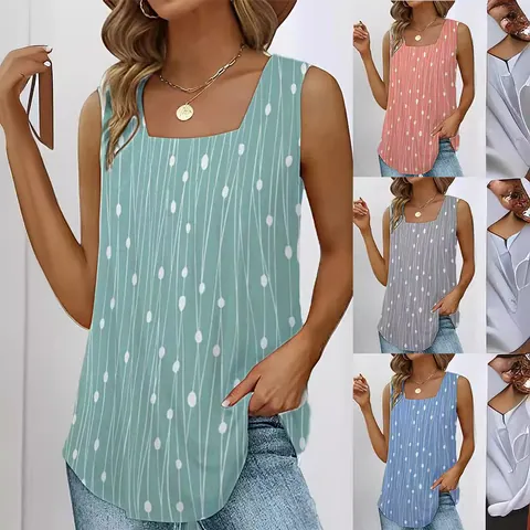 Damen Punktmuster Ärmellos Tanktop Mode Eckiger Ausschnitt Locker Sommer Weste Top Casual Gestreift Bedruckt Atmungsaktiv Tanktop