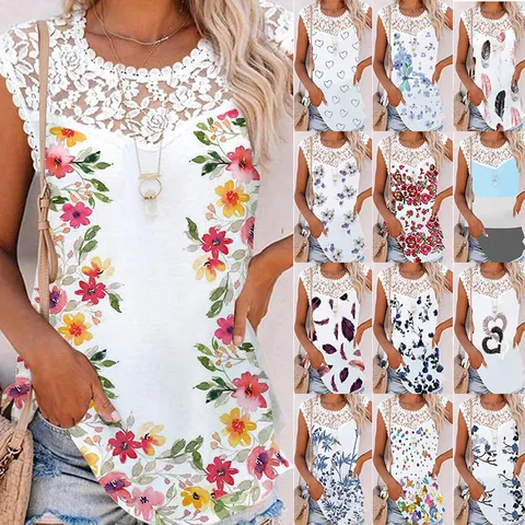 Women Casual Cotton Blend Printed Tank Top Sweet Lace Splicing Round Neck Sleeveless Vest Loose Floral Summer Daily Top