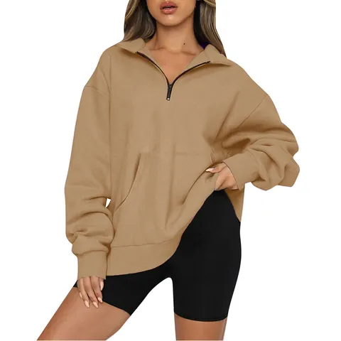 Felpa con Cappuccio Donna Mezza Zip Pullover Oversized Con Tasca a Canguro Casual Tinta Unita Manica Lunga Autunno Inverno Top