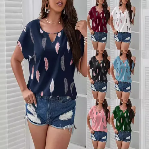 T-Shirt Femme Grande Taille Col en V Ajouré Décontracté Imprimé Plume Haut à Manches Courtes Chemisier en Polyester Coton Été