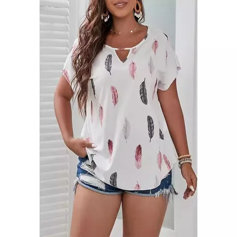 T-Shirt Femme Grande Taille Col en V Ajouré Décontracté Imprimé Plume Haut à Manches Courtes Chemisier en Polyester Coton Été