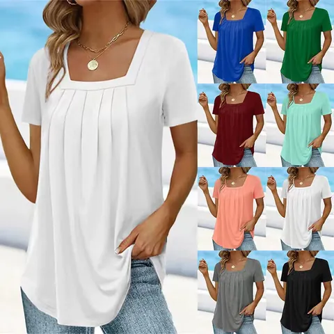 Maglietta da Donna con Scollo Quadrato Plissettato Casual a Maniche Corte Top Estivo Largo in Poliestere Tinta Unita per Donna Moda Comfort
