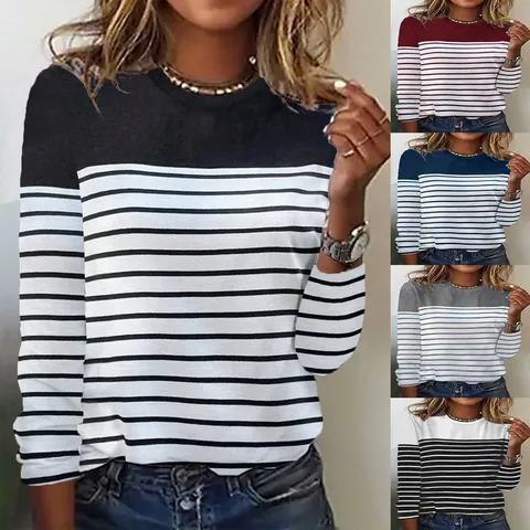Women Long Sleeve Striped Patchwork T-Shirt Loose Fit Crew Neck Pullover Top Comfortable Spandex Casual Base Shirt Fashion