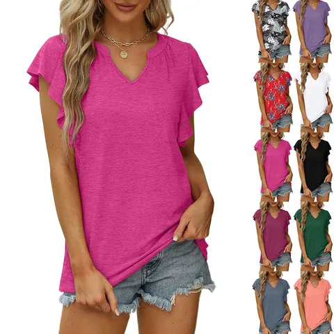 Camiseta Sexy de Verano para Mujer con Cuello en V y Mangas con Volantes Casual Floral Liso Mezcla de Algodón