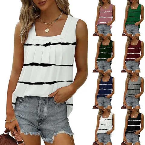 Women's Square Neck Pleated Tank Top Striped Print Sleeveless Shirt Curved Hem Loose Polyester Casual Pullover Top
