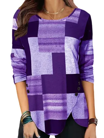 Women's Plaid Geometric Patchwork Knit Top Casual Round Neck Long Sleeve Pullover Sweater With Button Detail Irregular Hem