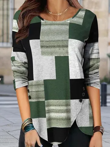 Women's Plaid Geometric Patchwork Knit Top Casual Round Neck Long Sleeve Pullover Sweater With Button Detail Irregular Hem