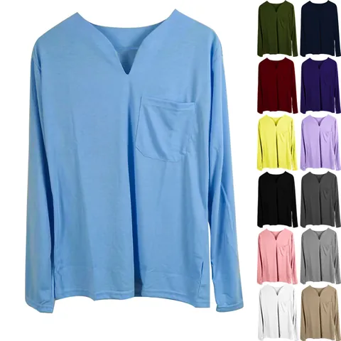 Camiseta de Manga Larga con Cuello en V para Hombre Casual Color Sólido Ropa Deportiva Top Holgado con Bolsillo Moda Urbana