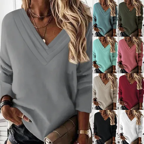 Γυναικείο Casual T-Shirt με Πολυεπίπεδη Λαιμόκοψη V Μακρυμάνικο Πολυεστέρας Μονόχρωμο Πουλόβερ Top Ευρωπαϊκό Στυλ Basic Fashion Tee