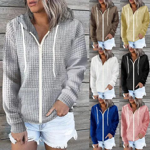 Women Waffle Knit Zip Up Hoodie Thickened Solid Color Sweatshirt Drawstring Jacket With Pockets Casual Autumn Winter Outerwear Top
