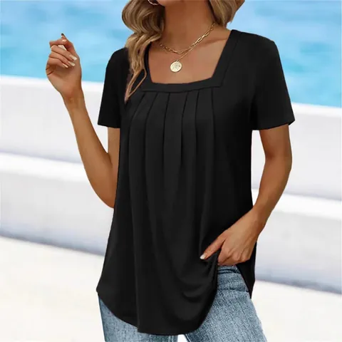 Maglietta da Donna con Scollo Quadrato Plissettato Casual a Maniche Corte Top Estivo Largo in Poliestere Tinta Unita per Donna Moda Comfort