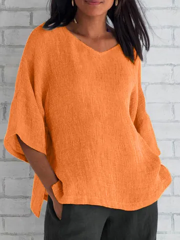 Women Elegant V Neck Half Sleeve Polyester T-Shirt Loose Casual Solid Color Top Summer Breathable Ladies Basic Tee