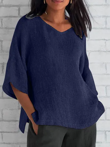 Women Elegant V Neck Half Sleeve Polyester T-Shirt Loose Casual Solid Color Top Summer Breathable Ladies Basic Tee