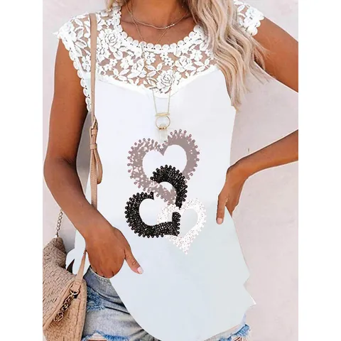 Women Casual Cotton Blend Printed Tank Top Sweet Lace Splicing Round Neck Sleeveless Vest Loose Floral Summer Daily Top