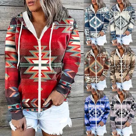 Dames Mode Lange Mouw Etnische Print Rits Hoodie Azteekse Geometrische Capuchon Sweatshirt Casual Cardigan Jas Herfst Winter Top