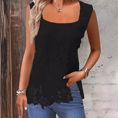 Women Fashion Solid Color Square Neck Sleeveless Tank Top Casual Polyester Basic Mid-Length Top For Summer Daily Wear