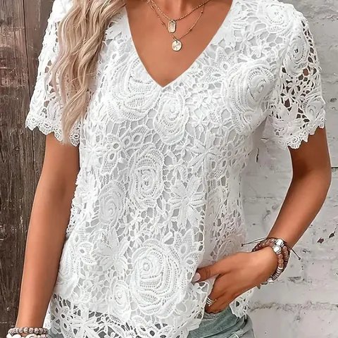 Women's Fashion V-Neck Lace Short Sleeve Top Polyester Hollow Out Floral Pattern Casual Summer T-Shirt For Ladies Fashion Top