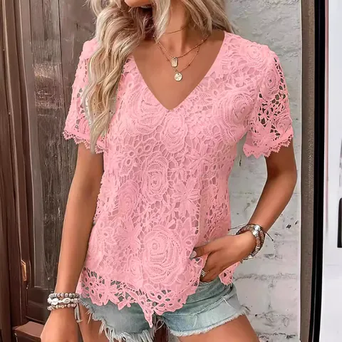 Women's Fashion V-Neck Lace Short Sleeve Top Polyester Hollow Out Floral Pattern Casual Summer T-Shirt For Ladies Fashion Top