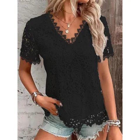 Women V-Neck Lace T-Shirt Short Sleeve Hollow Out Floral Polyester Top Casual Summer Elegant Tee Blouse Fashion Crochet Shirt