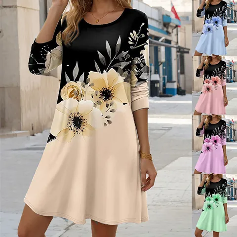 Women Long Sleeve Round Neck Casual Floral Print Dress 3D Gradient A-Line Elegant Party Holiday Loose Fit Dresses