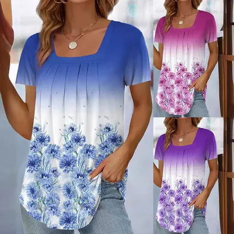 Camiseta de Mujer con Cuello Cuadrado y Plisado Estampado Floral Degradado Top de Moda Casual de Manga Corta para Verano