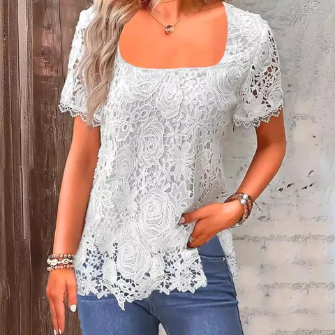 Damen Elegante Spitzenbluse Mit Eckigem Ausschnitt Polyester Blumen Ajouré Langarm Top Mode Lässig Party Retro Spitzenshirts