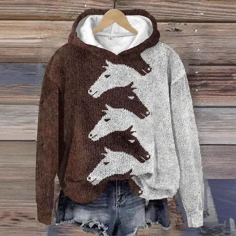 Women's Vintage Loose Horse Print Hoodie Color Block Long Sleeve Pullover Sweatshirt Retro Casual Streetwear Hoodie Top