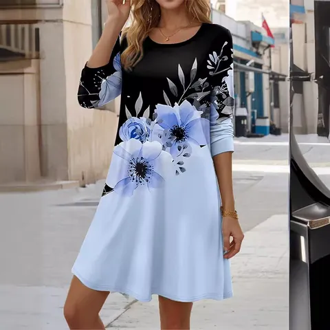 Women Long Sleeve Round Neck Casual Floral Print Dress 3D Gradient A-Line Elegant Party Holiday Loose Fit Dresses