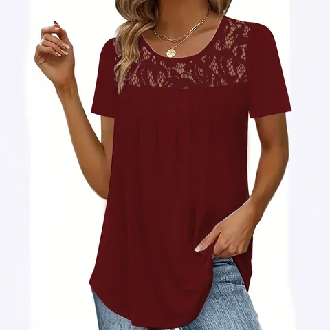 Women Short Sleeve T-Shirt Lace Round Neck Pleated Solid Color Casual Summer Polyester Top Tee