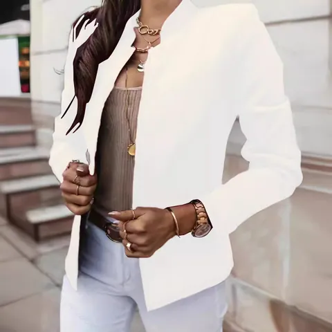 Blazer da Donna alla Moda con Colletto alla Coreana Manica Lunga Tinta Unita Slim Fit Giacca Sintetica Casual da Ufficio