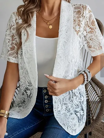 Women Elegant Floral Lace Cardigan Short Sleeve Sheer Open Front Lightweight Summer Top Casual Outerwear Jacket