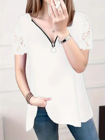 Women's Casual V-Neck T-Shirt Lace Patchwork Short Sleeve Top With Front Ring Zipper Detail Summer Commuter Blouse