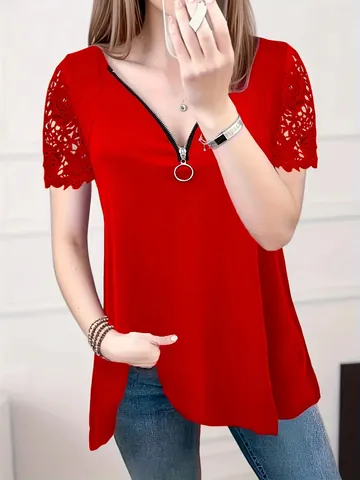 Women's Casual V-Neck T-Shirt Lace Patchwork Short Sleeve Top With Front Ring Zipper Detail Summer Commuter Blouse
