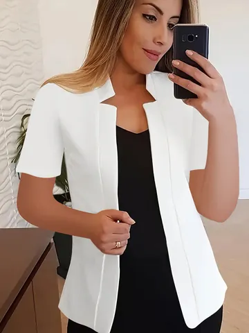 Women Solid Color Short Sleeve Blazer Jacket Open Front Notched Lapel Casual Office Workwear Suit Coat For Ladies
