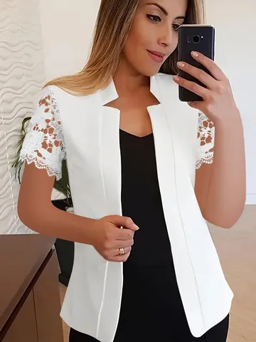 Chaqueta Blazer Casual para Mujer Manga Corta Patchwork de Encaje Cárdigan de Color Sólido Abierto al Frente Top Blazer Oficina Mujer