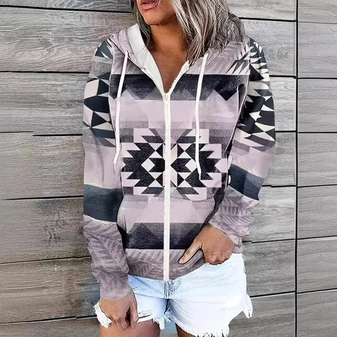 Dames Mode Lange Mouw Etnische Print Rits Hoodie Azteekse Geometrische Capuchon Sweatshirt Casual Cardigan Jas Herfst Winter Top