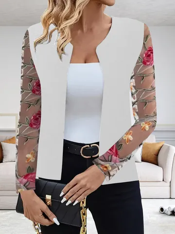 Dames Rose Floral Geborduurde Kanten Mouw Open Voorkant Blazer Elegante Polyester Mesh Mouw Vest Jas Top