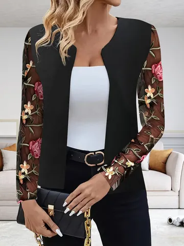 Dames Rose Floral Geborduurde Kanten Mouw Open Voorkant Blazer Elegante Polyester Mesh Mouw Vest Jas Top