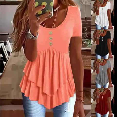Camiseta Informal para Mujer con Volante Peplum Manga Corta Dobladillo con Volantes y Tres Botones Color Sólido Verano Poliéster