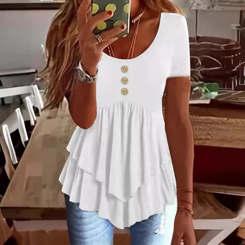 Camiseta Informal para Mujer con Volante Peplum Manga Corta Dobladillo con Volantes y Tres Botones Color Sólido Verano Poliéster