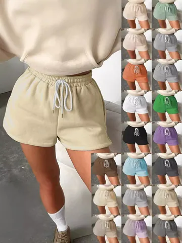 Women High Waist Drawstring Shorts Casual Solid Color Straight Leg Shorts Summer Sporty Gym Running Shorts For Women