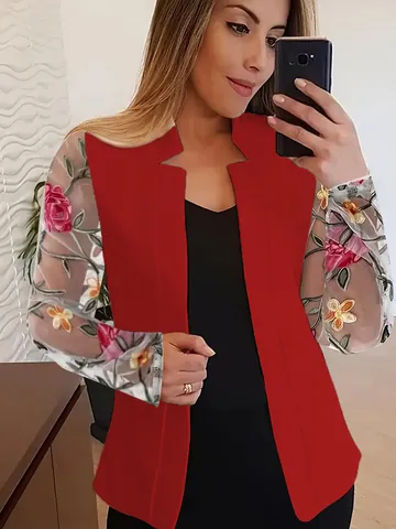 Γυναικείο Casual Σακάκι Blazer με Δαντελένια Μακριά Μανίκια Τύπωμα Τριαντάφυλλο Ανοιχτό Μπροστά Παλτό για Φθινόπωρο Χειμώνα