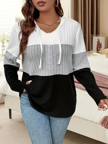 Damen Mode Farbblock Strickoberteil Pullover Mit Kapuze Langarm Locker Patchwork Strickpullover Herbst Winter Casual Top