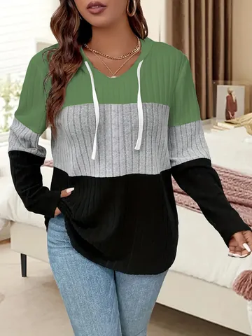 Damen Mode Farbblock Strickoberteil Pullover Mit Kapuze Langarm Locker Patchwork Strickpullover Herbst Winter Casual Top
