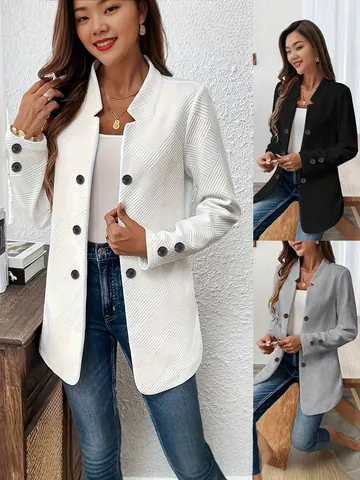 Women Elegant Stand Collar Jacquard Blazer Mid-Length Double-Breasted Long Sleeve Jacket Top For Autumn Winter Business