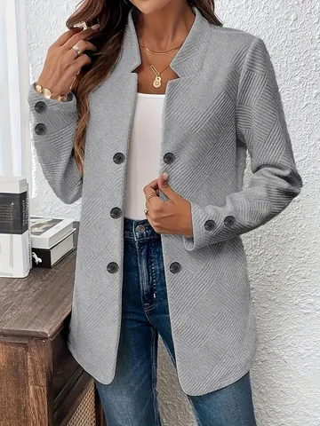 Women Elegant Stand Collar Jacquard Blazer Mid-Length Double-Breasted Long Sleeve Jacket Top For Autumn Winter Business