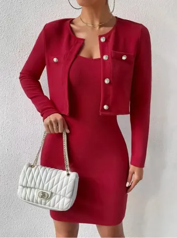 Women Elegant Cotton Blend Knitted Top And Bottom Solid Color Button Decor Long Sleeve Cardigan And Bodycon Dress