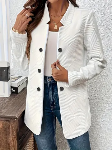 Women Mid-Length Jacquard Blazer Jacket Elegant Stand Collar Long Sleeve Cardigan Row Button Coat For Autumn Winter