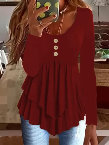 Women's Fashion 3-Button Solid Color Long Sleeve Tunic Top Dress Round Neck Tiered Ruffle Hem Casual Slim Fit Mini Dress