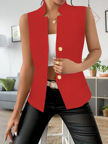 Women Elegant Sleeveless Polyester Blazer Vest Office Casual Solid Color Button Up Slim Fit Suit Waistcoat Top Fashion Outerwear